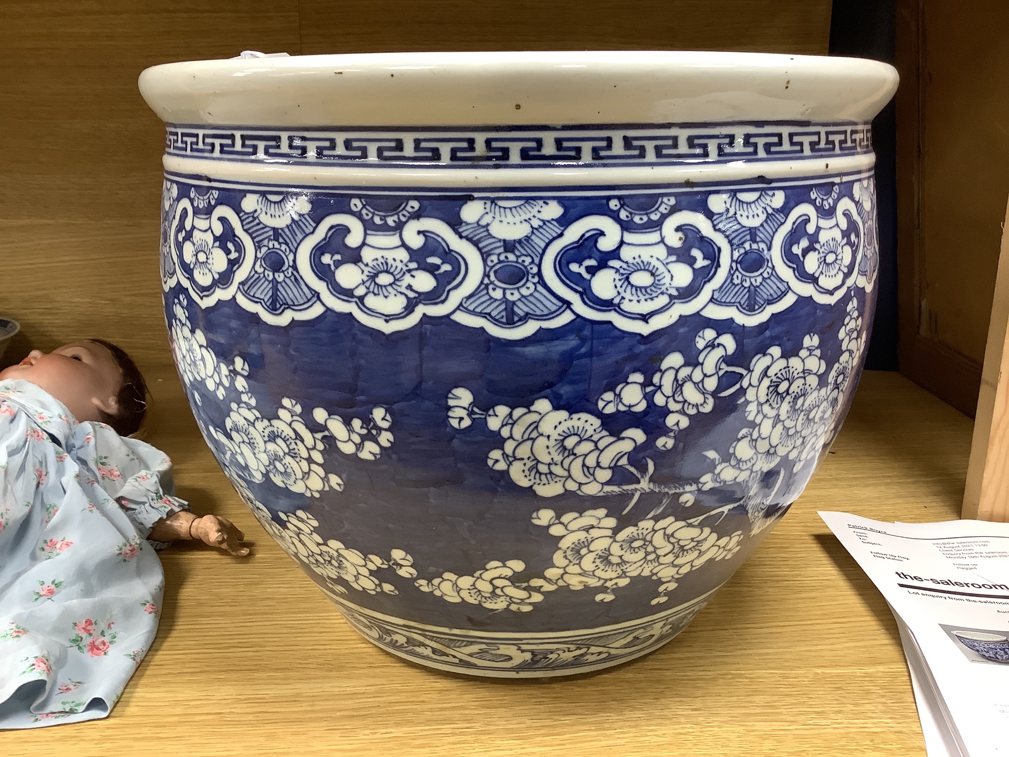 A Chinese blue and white prunus jardiniere, late 19th century, diameter 37.5cm